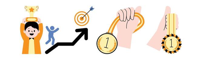 This illustration showcases a man celebrating with a trophy, an upward trending arrow, a target with an arrow, and two hands holding medals. It conveys a sense of achievement and success. vector