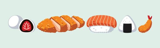 A colorful collection of Japanese cuisine, including sushi, tempura, onigiri, and mochi. Perfect for menus, posters, and culinary projects. vector