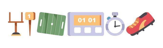 Various components related to a football game, including a field, a goalpost, a scoreboard, a clock, and a football shoe. These elements depict the essence of the sport and its associated equipment. vector