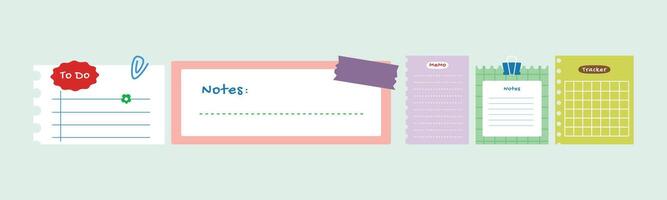 Collection of various stationery paper notes for planning and organizing tasks. These designs are perfect for digital journaling, scrapbooking, and memo making. vector