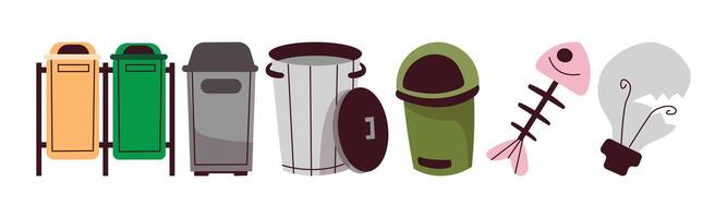 Illustration of colorful trash and waste disposal containers along with discarded fish bones and a broken lightbulb, depicting issues of environmental pollution and waste management. vector