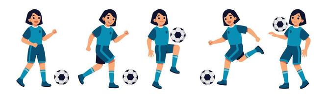 Set of cartoon illustrations featuring a young female soccer player demonstrating various skills and poses related to the game. vector