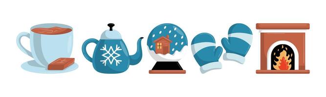 Cozy winter arrangement featuring a cup of hot chocolate, a snowflake teapot, a snow globe, mittens and a fireplace. It evokes feelings of warmth, relaxation, and the joy of the holiday season. vector