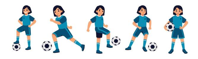 Set of cartoon illustrations of a young female soccer player in various action poses. Perfect for sports-related content, educational materials, or character design projects. vector
