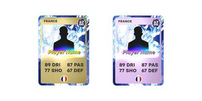 Two digital soccer player cards with silhouette and stats on iridescent abstract background. Gold and pink-purple template design. Sports game concept. Design for banner, card, poster, invitation vector