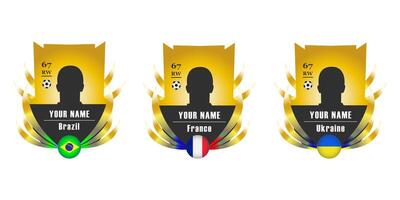 Three customizable soccer player cards with silhouette, overall rating, position, country name and flag. Editable football card templates with gold background and decorative ribbon elements vector