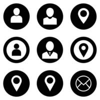 A collection of black and white user location and contact icons in circular frames vector