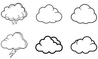 A collection of six different cloud illustrations in a simple black and white comic book style for graphic design vector