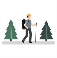 Hiker walking through forest path nature scene vector