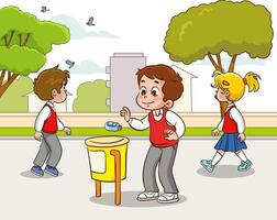 student throwing garbage into trash can vector