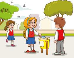 illustration of cute student throwing garbage into trash can vector