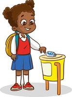 illustration of little student throwing garbage into trash can vector