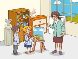 illustration of art class scene with child learning painting with teacher support vector