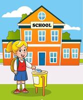 illustration of student girl throwing garbage into trash can vector