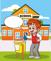 illustration of student children throwing garbage into trash can vector