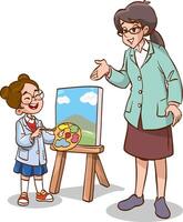 illustration of art class scene with little child learning painting with teacher support vector