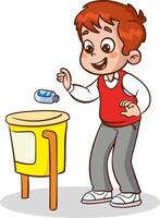 illustration of student boy throwing garbage into trash can vector