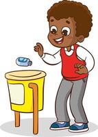 little student throwing garbage into trash can vector