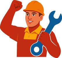 Powerful imagery of a strong worker holding wrench and raising fist, capturing themes of unity, vector