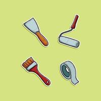A colorful illustration featuring common painting tools, including a roller, brush, scraper, and masking tape, on a vibrant light green backdrop. Ideal for art, DIY, and renovation concepts. vector