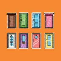 A collection of diverse and colorful illustrated door designs placed on a bright orange background, showcasing creativity and variety in architectural styles. vector