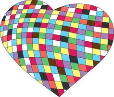 Multicolor twisted checkered heart shape with warped grid pattern on black background symbolizing diversity and love concept vector