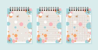 notebook paper set with grid lined and blank sheets decorated with balloons and butterflies flat illustration. vector