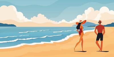 couple on summer tropical beach flat illustration with ocean sand and clouds. vector