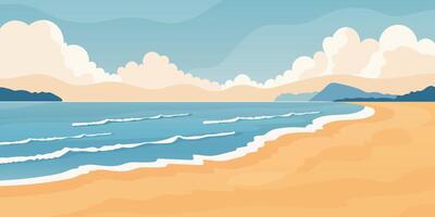 summer beach landscape flat illustration with ocean sand and clouds in minimal style. vector