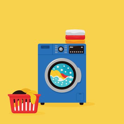 blue washing machine with laundry and basket on yellow background flat illustration.