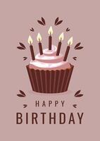 minimalistic birthday card with cupcake and candles flat illustration. vector