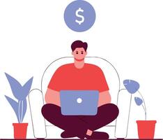 Set of young handsome man poses wearing casual clothes using laptop computer sitting with crossed legs and different gestures. Isolated illustration vector