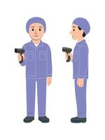 Factory Worker Man Standing on Barcode Scanner Front and Side View Illustration white background vector