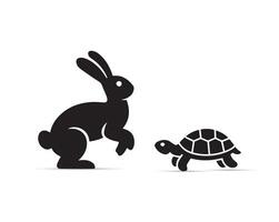 Rabbit and turtle set of black silhouette illustrations featuring various pets and animals running vector