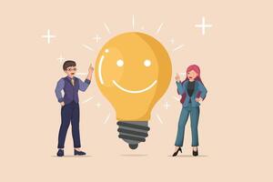 Positive Ideas and Solutions Business Man and Woman Pointing Upwards Beside a Smiling Lightbulb Surrounded by Plus Signs. vector