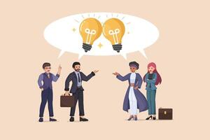 Diverse Business Team Brainstorming Innovative Ideas Four Professionals Sharing Thoughts Represented by Light Bulbs in a Speech Bubble. vector