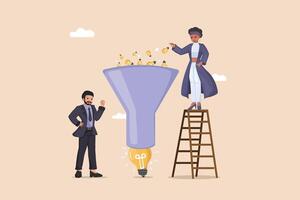 Idea Funnel for Business Innovation Woman on Ladder Feeding Light Bulb Ideas into a Funnel Leading to a Big Illuminated Bulb, Observed by a Businessman. vector