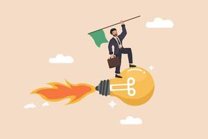 Achieving Business Goals Through Innovation a Businessman Riding a Lightbulb Rocket with a Flag of Success. vector