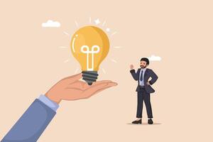 Receiving a Brilliant Idea. A Businessman Looking Towards a Glowing Light Bulb Being Offered on an Open Palm. vector