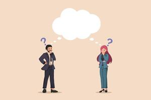 Confused Business Professionals Seeking Answers Man and Woman with Question Marks Above Their Heads and Empty Thought Bubbles. vector