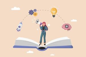 AI-Powered Ideas and Innovation from Knowledge Businesswoman with Megaphone Standing on an Open Book, Connected to AI Brain, Lightbulb Idea, Rocket Launch, and Gears. vector