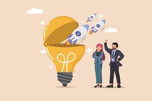 Idea Launch. Rockets Taking Off from an Open Lightbulb, Symbolizing the Start of New Ventures. vector