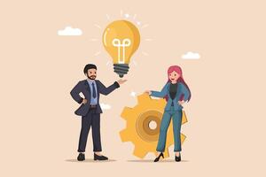 Idea Generation and Implementation Businessman Presenting a Lightbulb While Businesswoman Interacts with a Gear, Symbolizing Turning Ideas into Action. vector