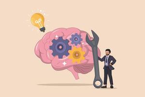 Cognitive Innovation and Problem Solving. Conceptual Illustration of a Brain with Gears Being Adjusted by a Businessman with a Bright Idea. vector