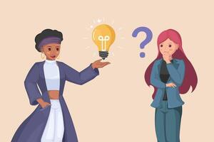 Sharing a Bright Idea Woman Presenting a Glowing Lightbulb to Another Woman with a Question Mark, Symbolizing Collaboration and Seeking Solutions. vector