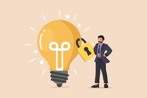 Securing a Bright Idea Businessman Placing a Padlock on a Glowing Lightbulb, Symbolizing Intellectual Property Protection. vector
