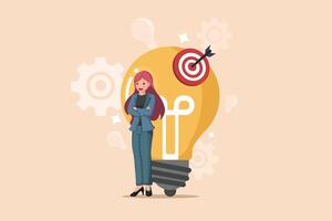 Targeting Innovation Businesswoman Standing Beside a Lightbulb with a Bullseye and Arrow, Symbolizing Focused Ideas and Goals. vector
