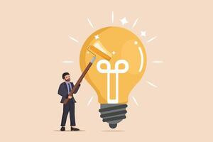 Refining and Polishing Business Ideas A Businessman Using a Roller to Enhance a Large, Glowing Lightbulb. vector