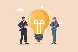 Business Professionals Contemplating a Bright Idea Man and Woman Thinking Beside a Large Glowing Lightbulb, Representing Innovation and Problem Solving. vector