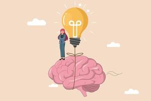 The Power of Creative Thought. Conceptual Illustration of a Woman Standing on a Brain with a Shining Light Bulb. vector